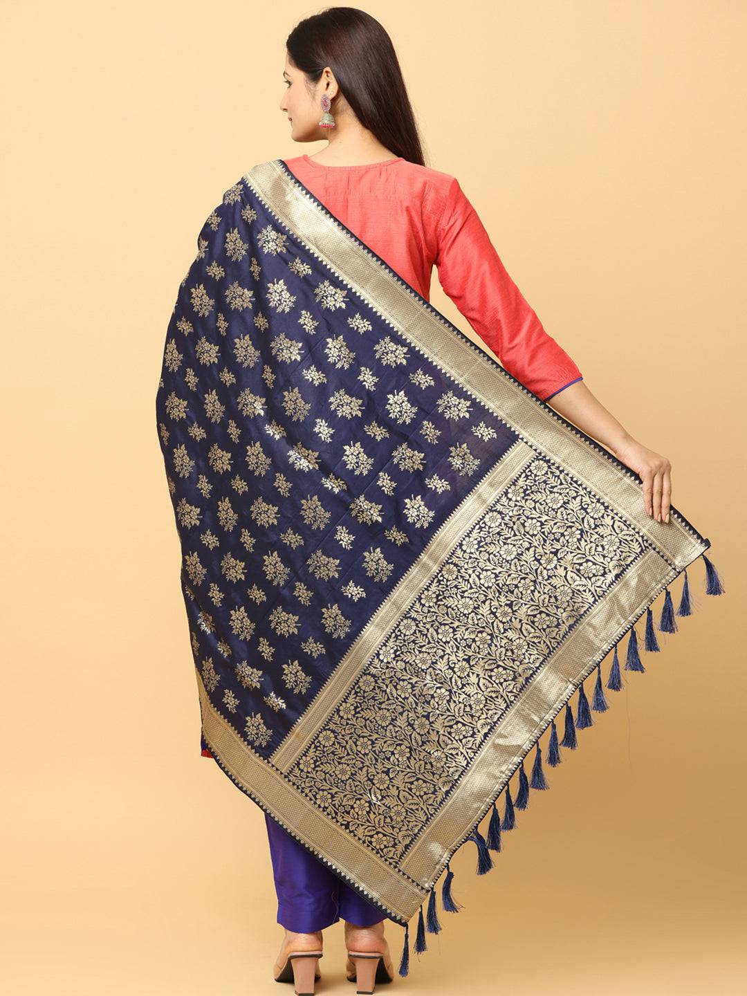 Woven Design Navy Silk Blend Dupatta With Resham Tassels