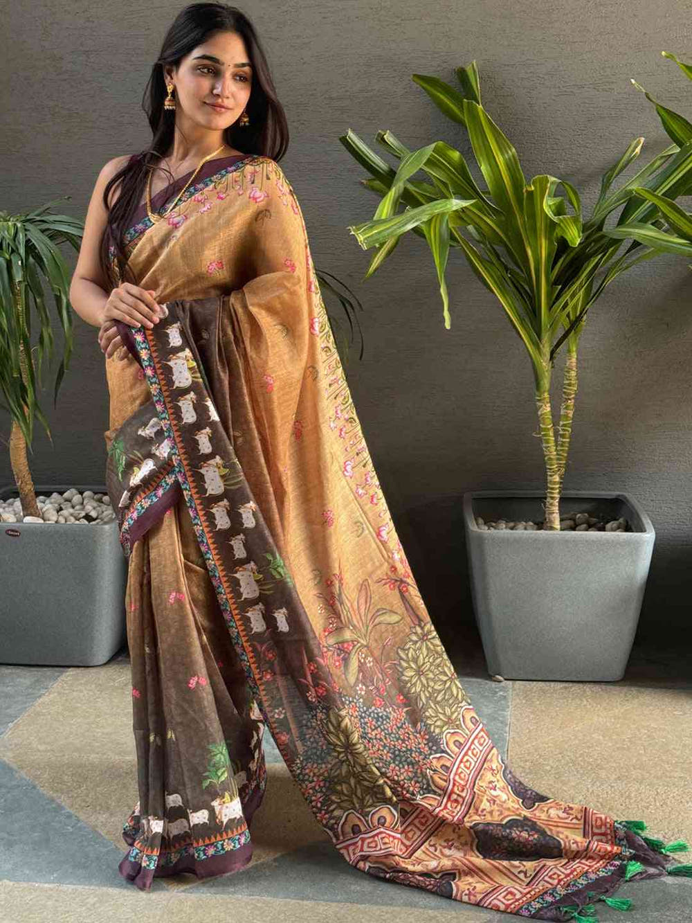 Soft Linen Ombre Pichwai Printed Brown Colour Saree