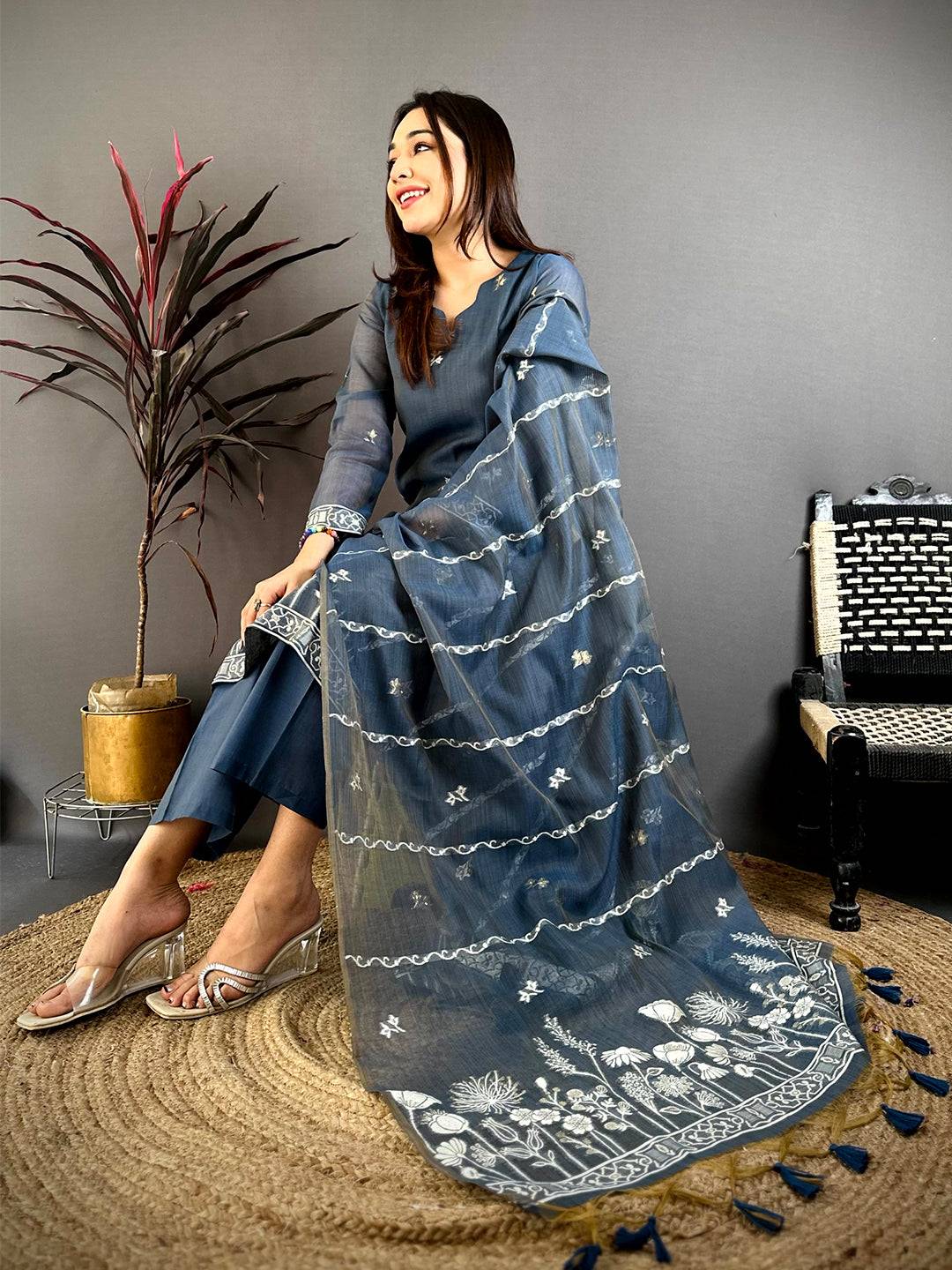 Regal Navy Floral  Woven  Dress