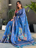 Blue colour Linen Saree With Digital Print And Majestic Border