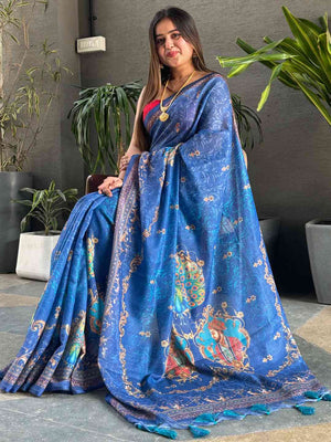 Blue colour Linen Saree With Digital Print And Majestic Border