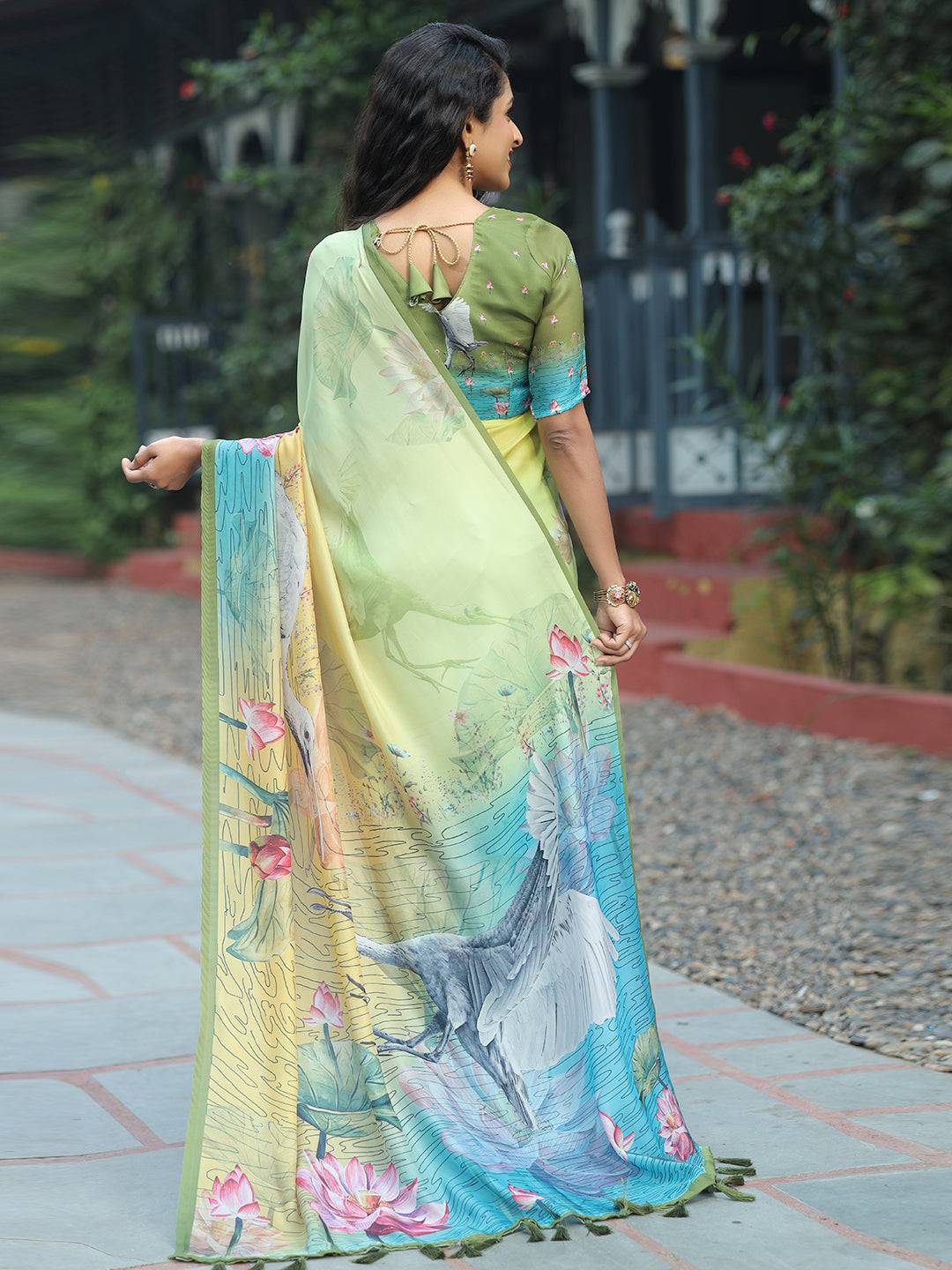 Satin Georgette Pista Colour Hand Print Saree - Luxe