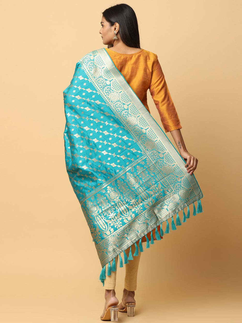 Latest Turquoise Colour Woven Design Silk Blend Dupatta