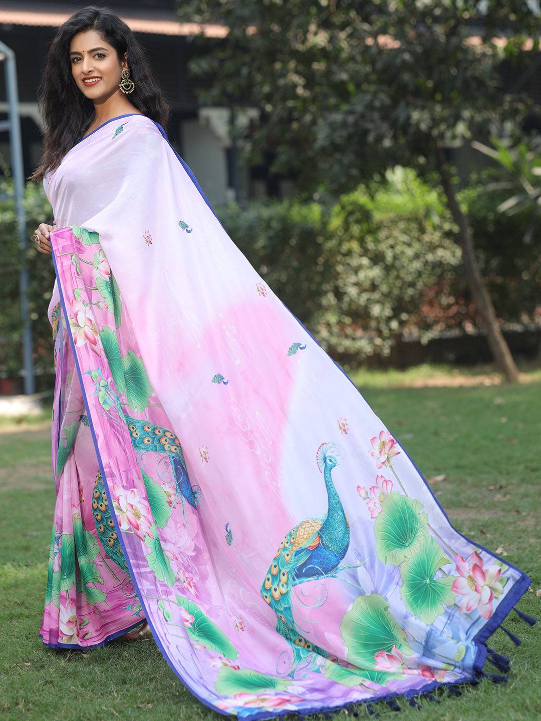 Satin Georgette Pink Colour Hand Print Saree - Luxe