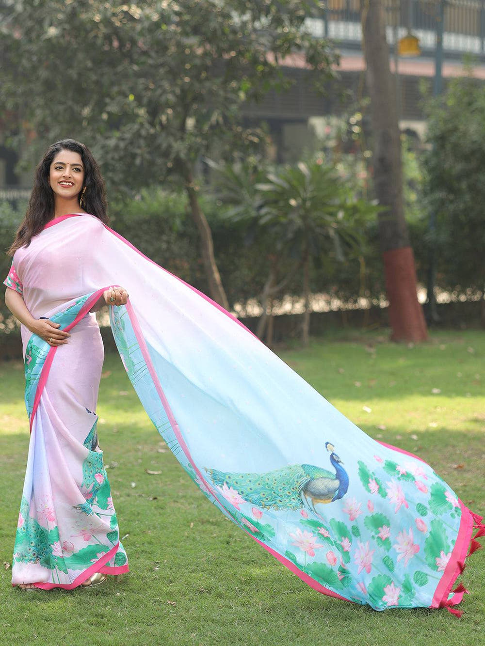 Satin Georgette Light Pink Colour Hand Print Saree - Luxe