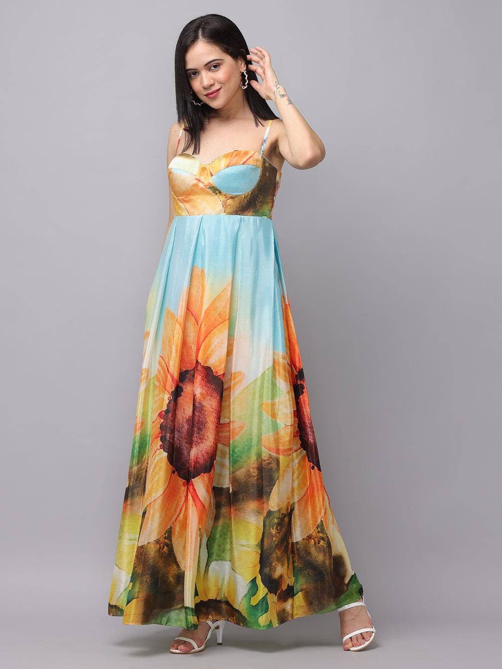 Multi Color Floral Print Long Dress