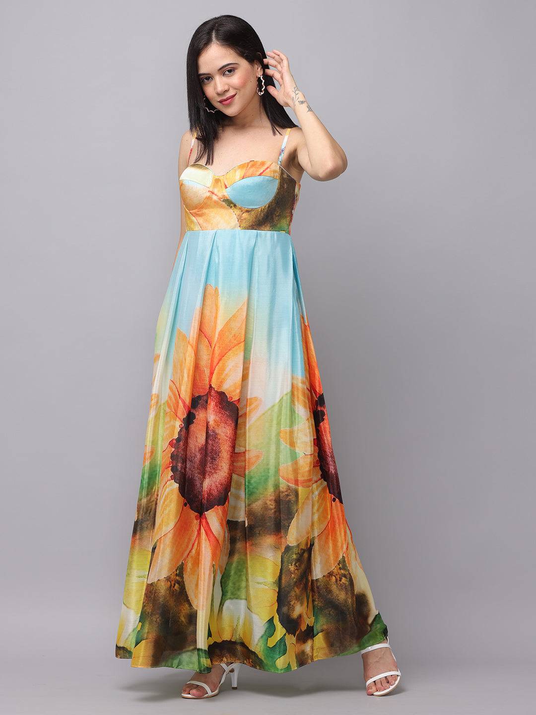 Multi Color Floral Print Long Dress