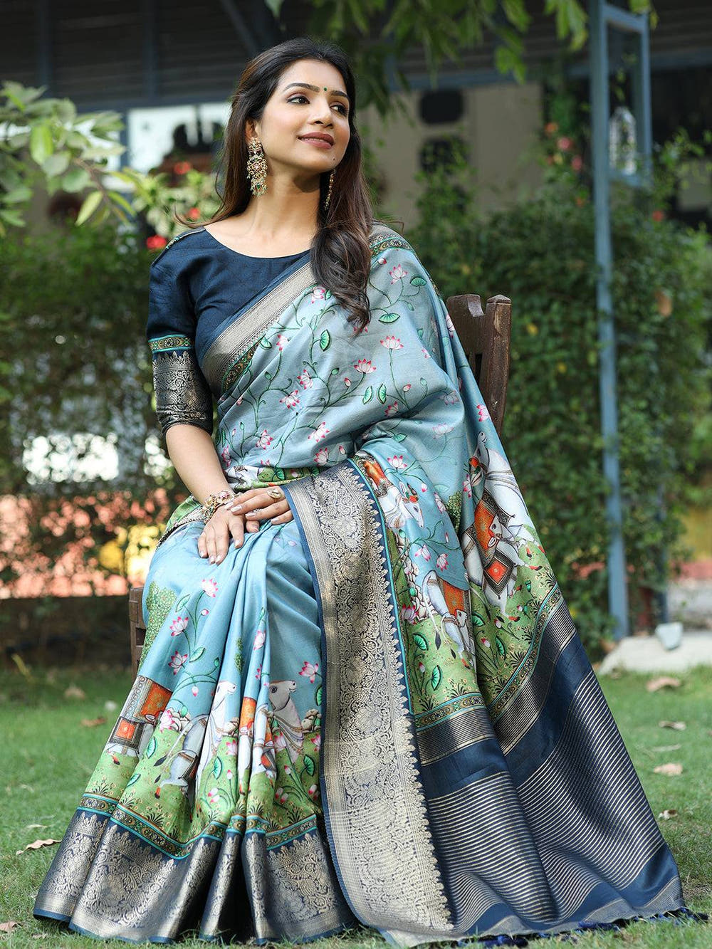 Pichwai Print Zari Weaving Pallu Saree In Sky Blue Colour - Luxe