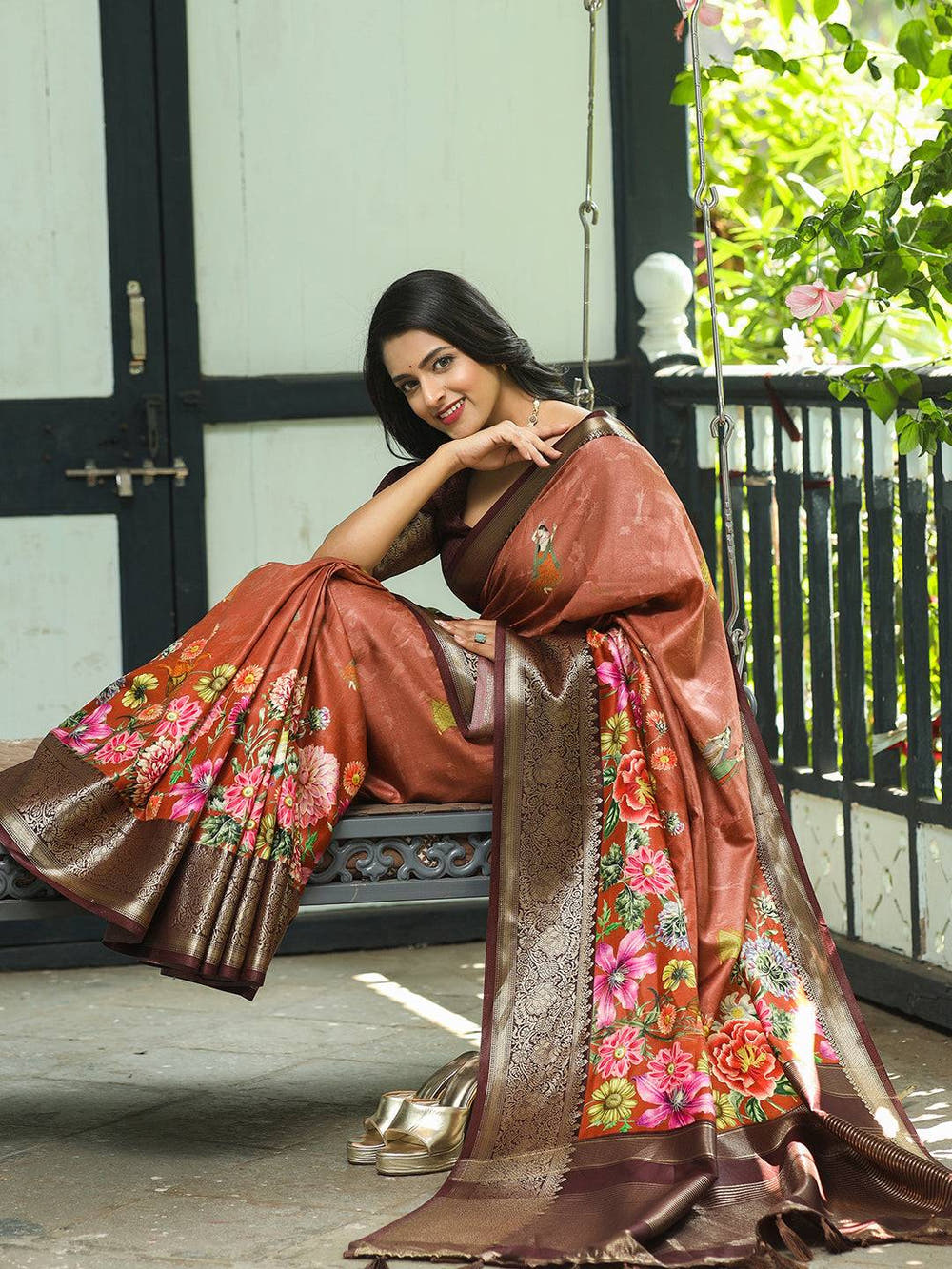 Brown Colour Pure Viscose Dola Silk Saree with Floral Print - Luxe