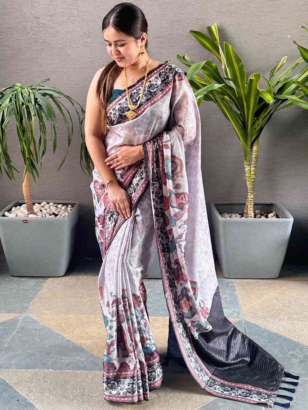 Grey Colour Satin Kota Doria Digital Kalamkari Zari Pallu