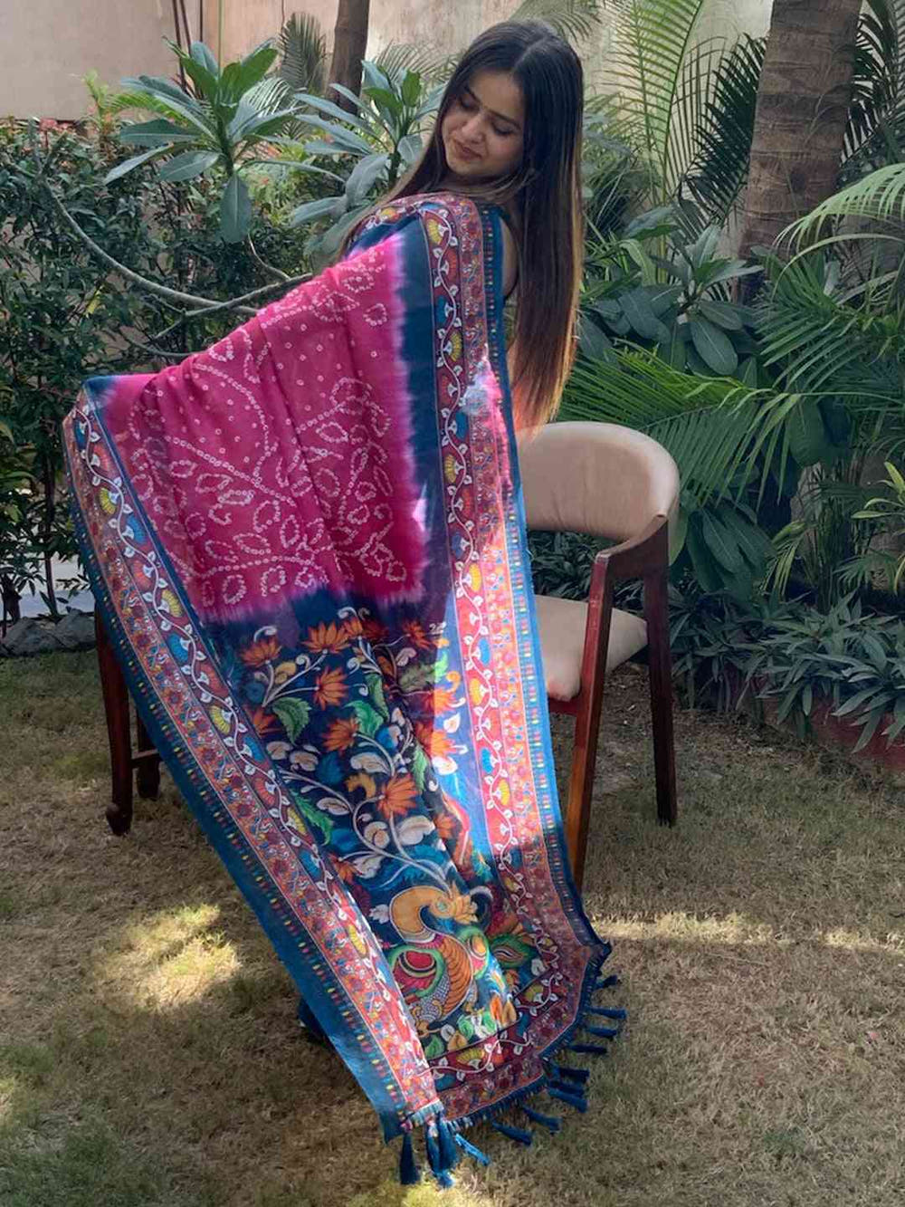 Linen Bandhej Kalamkari Digital Print Saree