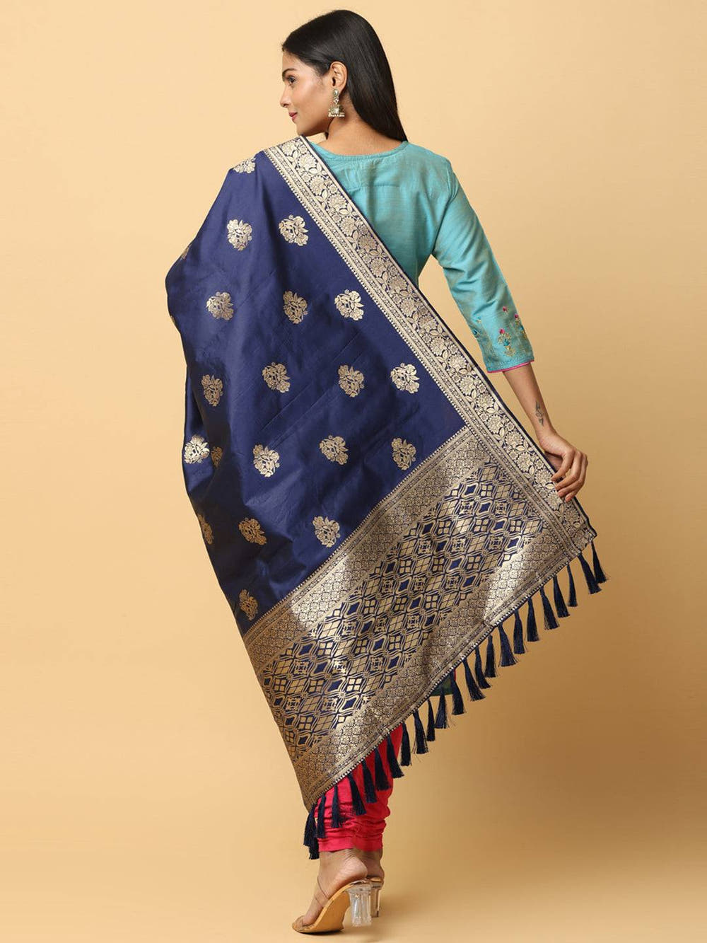 Navy Silk Blend Woven Design Dupatta