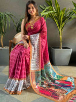 Rani Colour Ikkat Print Saree With kalamkari Block Print Design