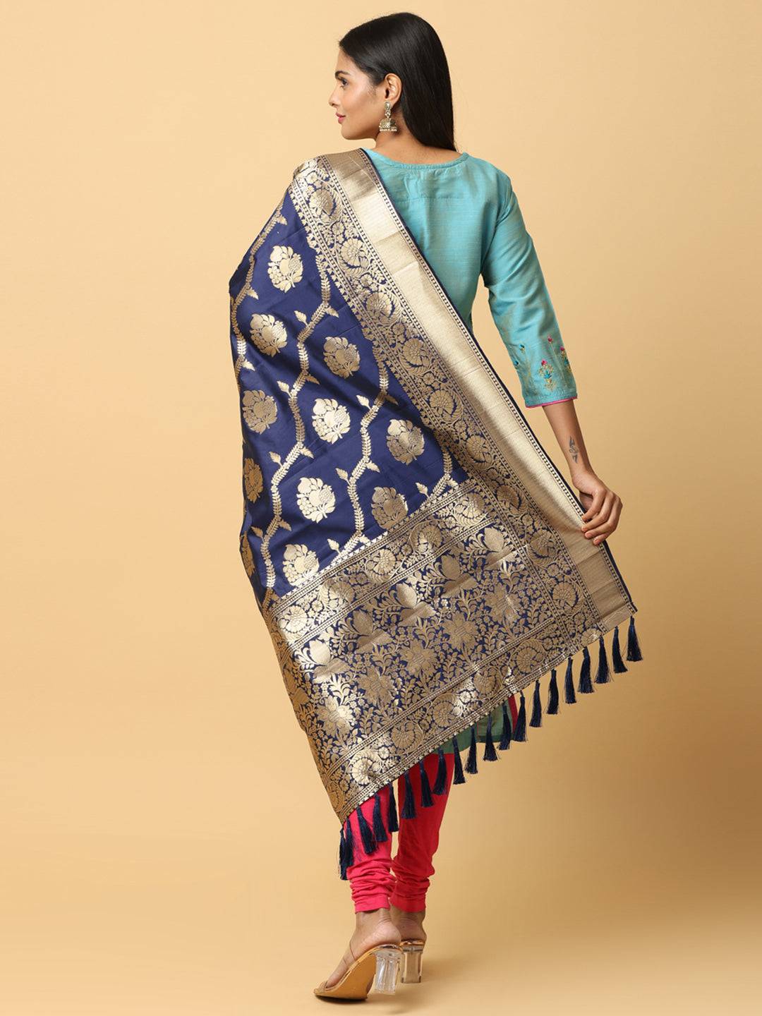 Dark Blue Silk Blend Woven Design Dupatta