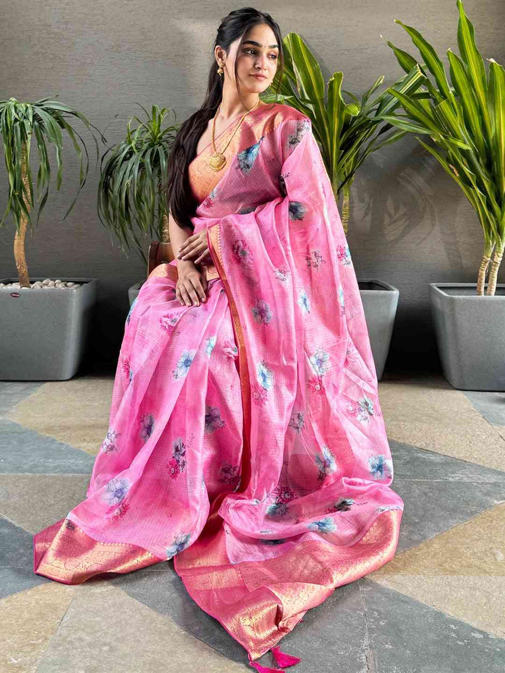Latest Pink Colour Digital Flower Print Kota Silk Saree