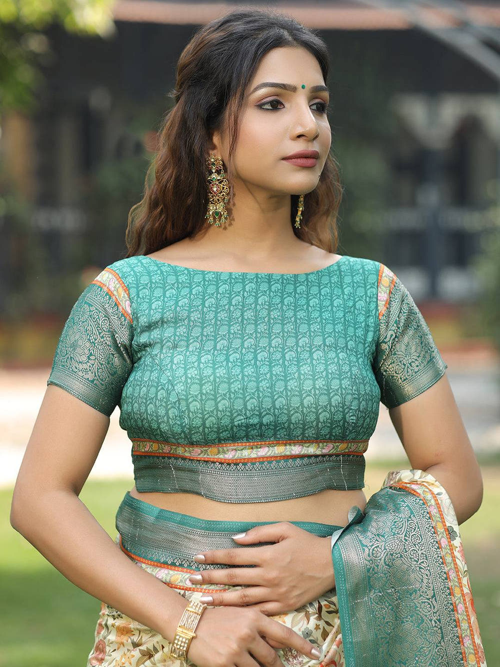 Sea Green Colour Phulkari Design Zari Weaving Pallu Saree - Luxe