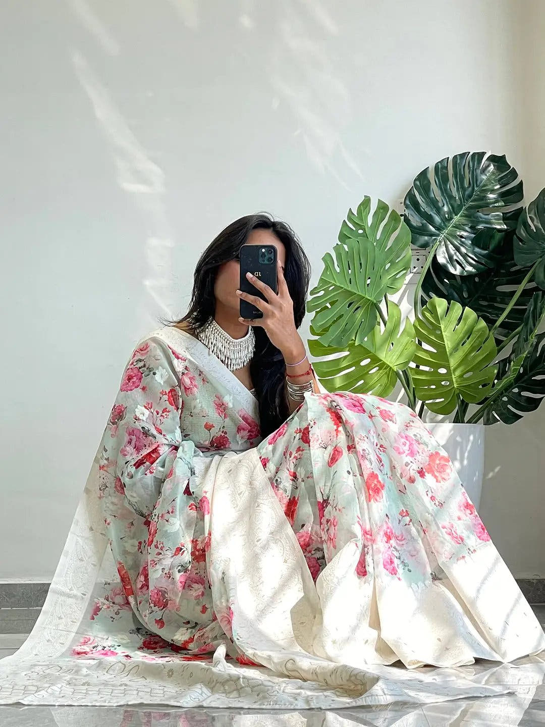 Multi Colour Digital Print Bollywood Saree in Lakhnavi Slub Pattern