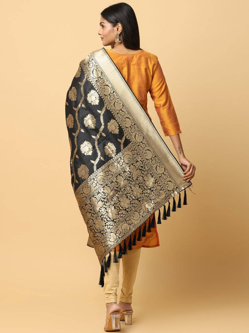 Black Silk Blend Woven Design Dupatta