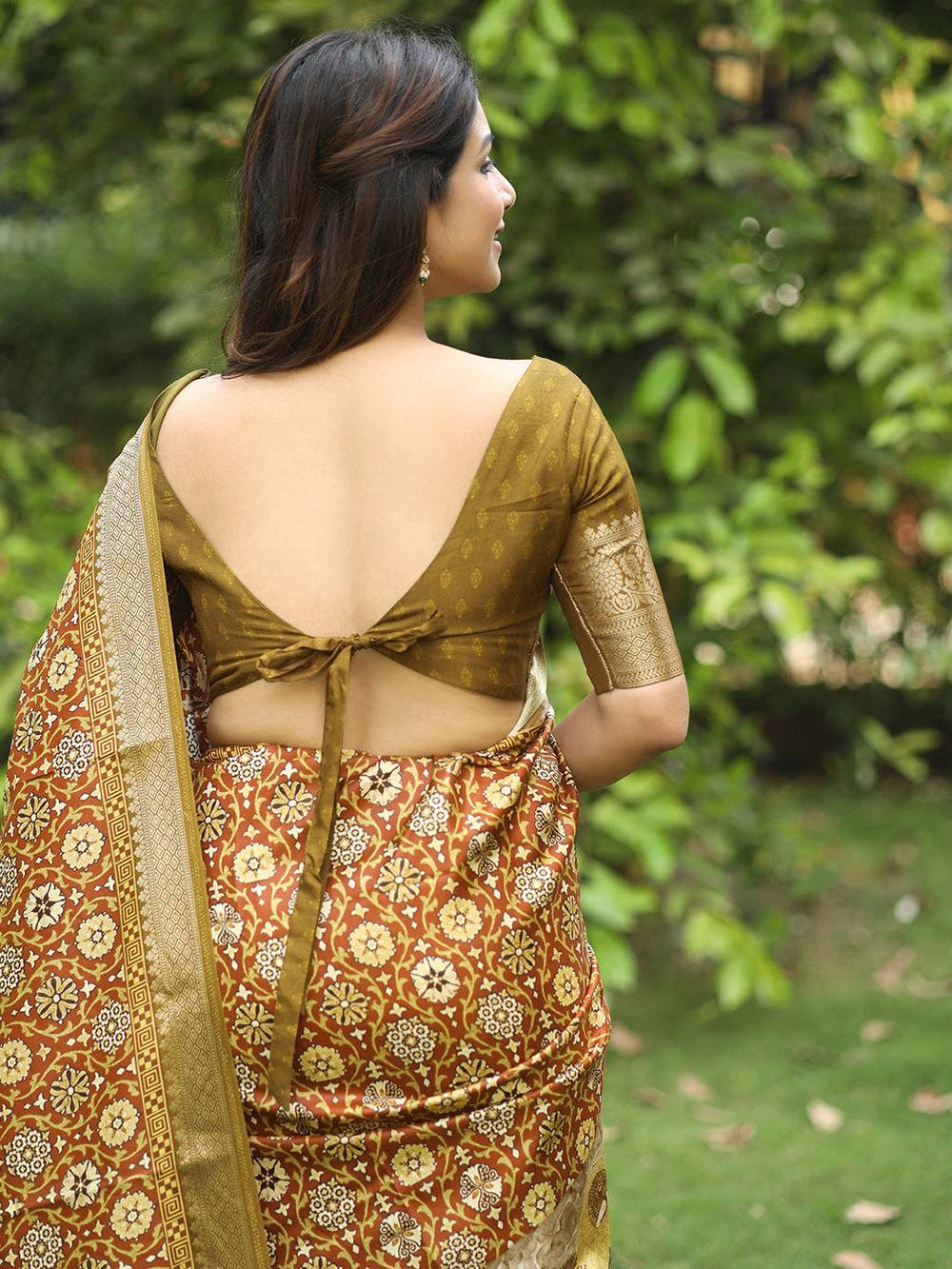 Brown Ajrak Block & Hand Kalamkari Printed Pure Viscose Dola Silk Saree - Luxe