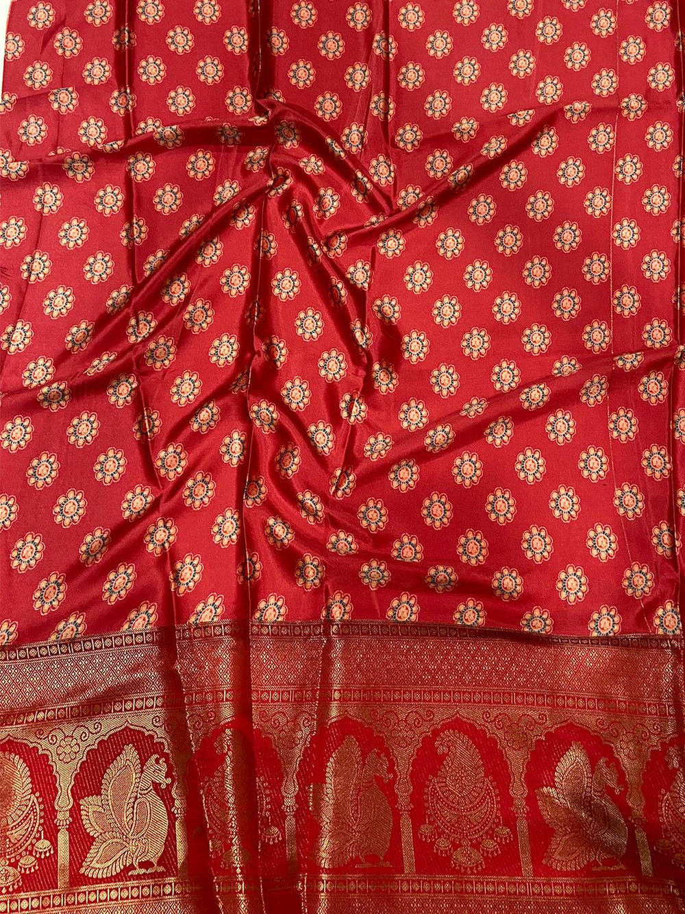 Royal Soft Cherry Satin Kalamkari Print Saree