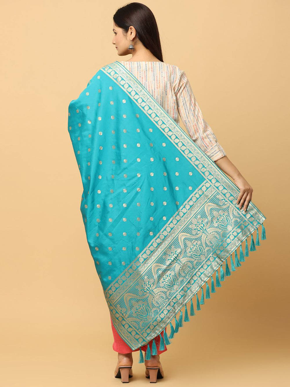 Woven Design Silk Blend Turquoise Colour Dupatta