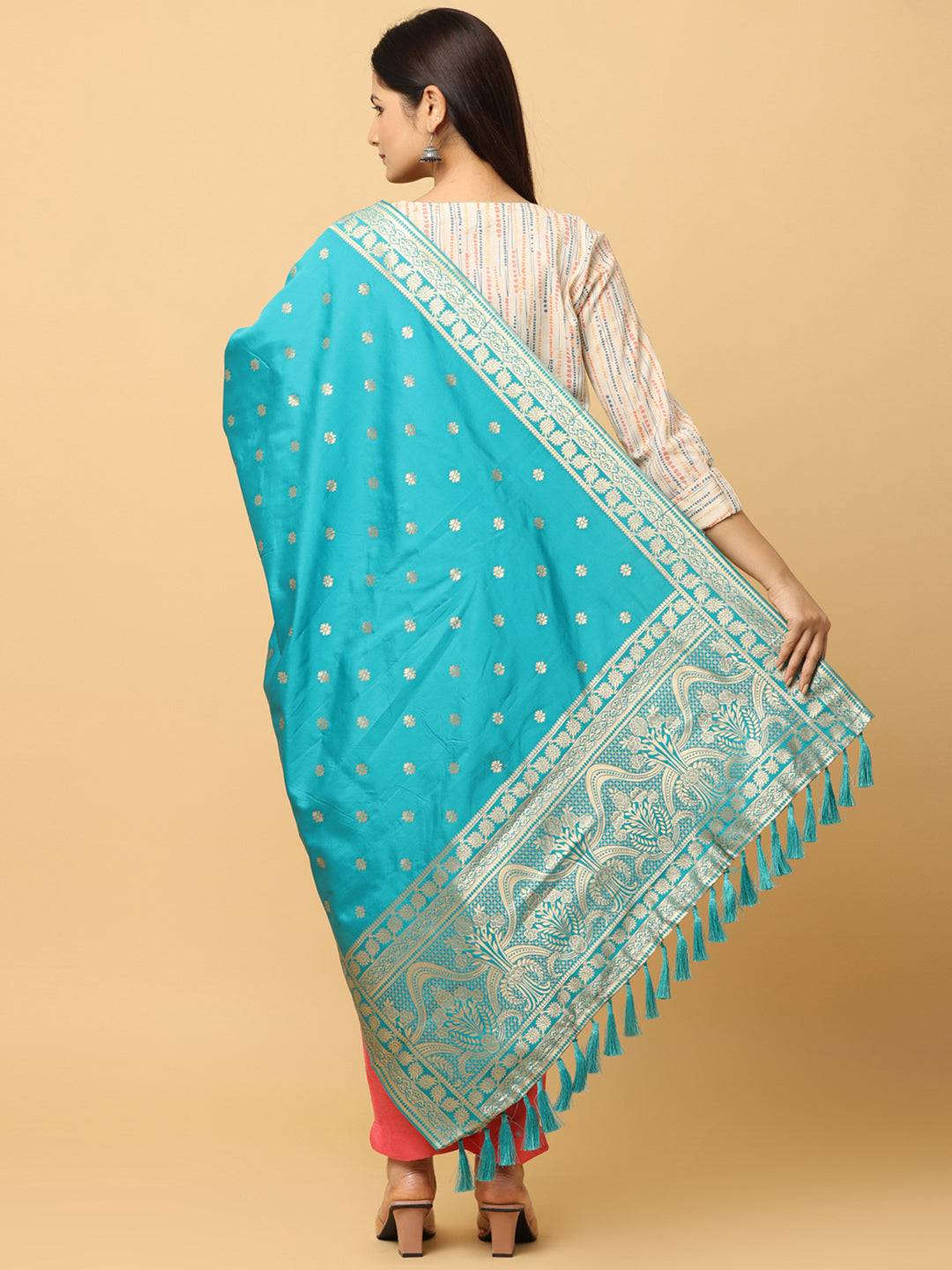 Woven Design Silk Blend Turquoise Colour Dupatta