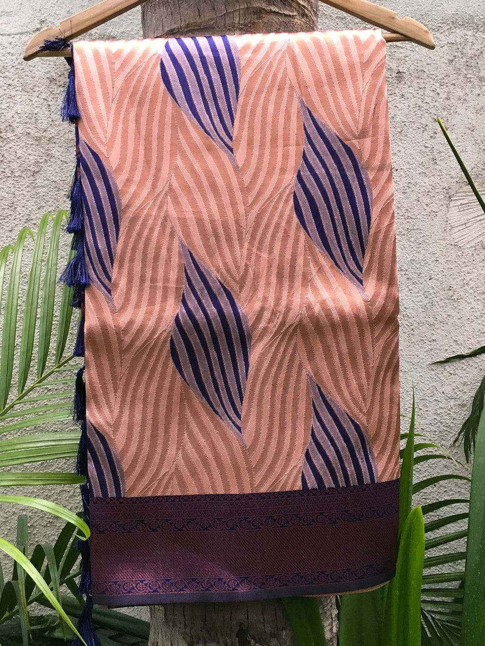 Peach Tussar Silk Zari Weaving Ikkat Saree