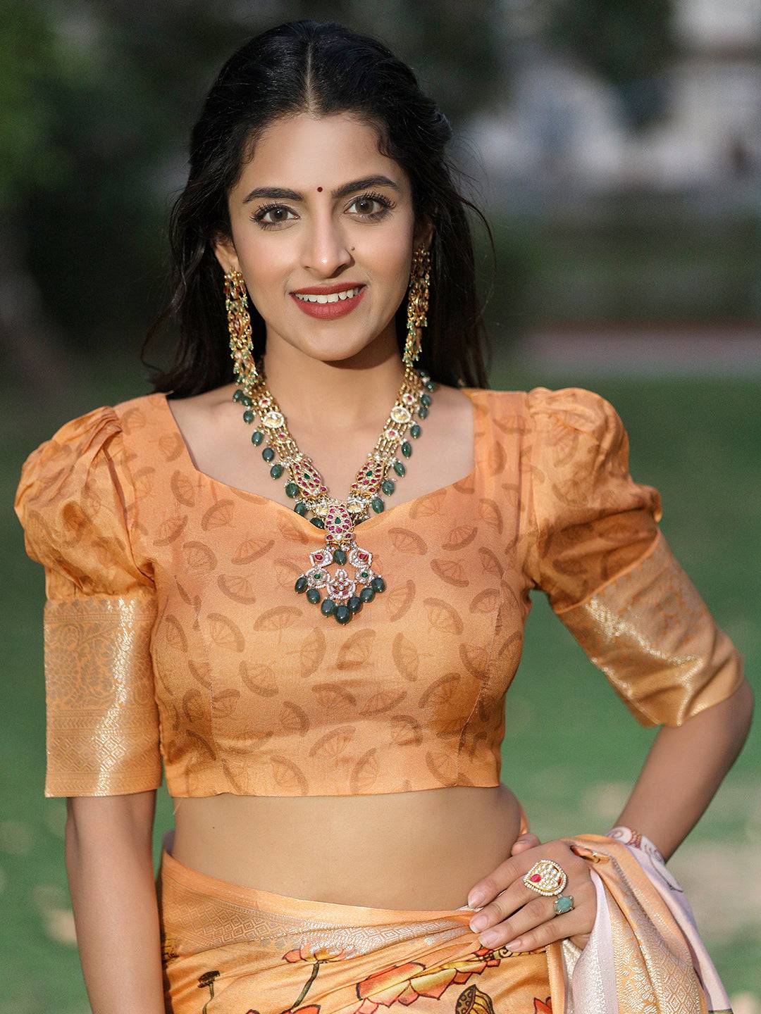 Peach Pure Viscose Dola Silk Saree With Pichwai And Mughal Print - Luxe