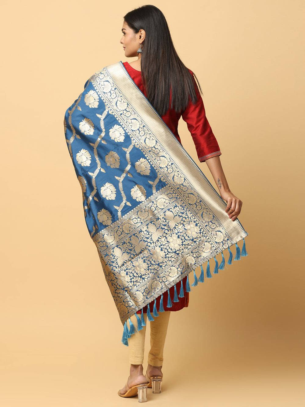 Royal Blue Silk Blend Woven Design Dupatta