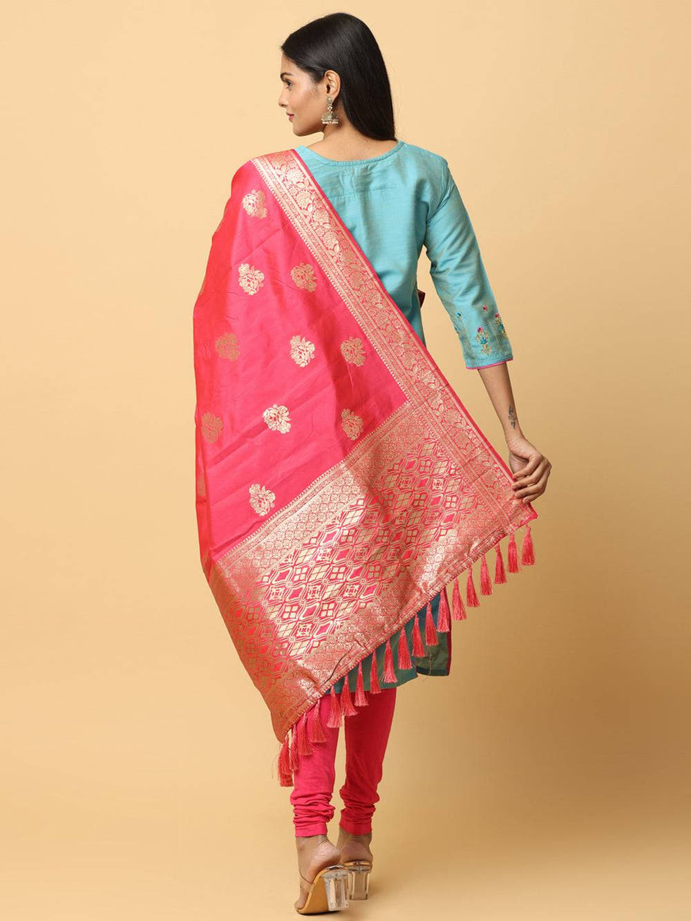 Pink Silk Blend Woven Design Dupatta