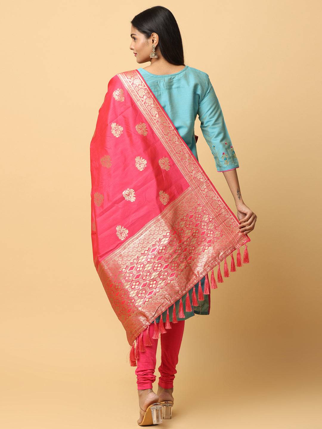 Pink Silk Blend Woven Design Dupatta