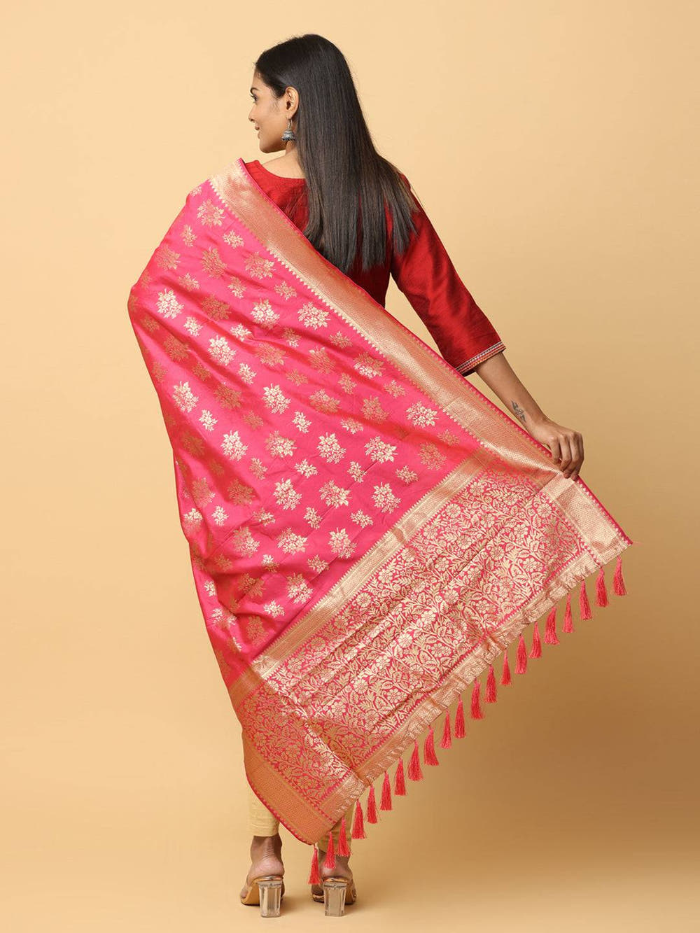 Woven Design Rani Silk Blend Dupatta With Resham Tassels