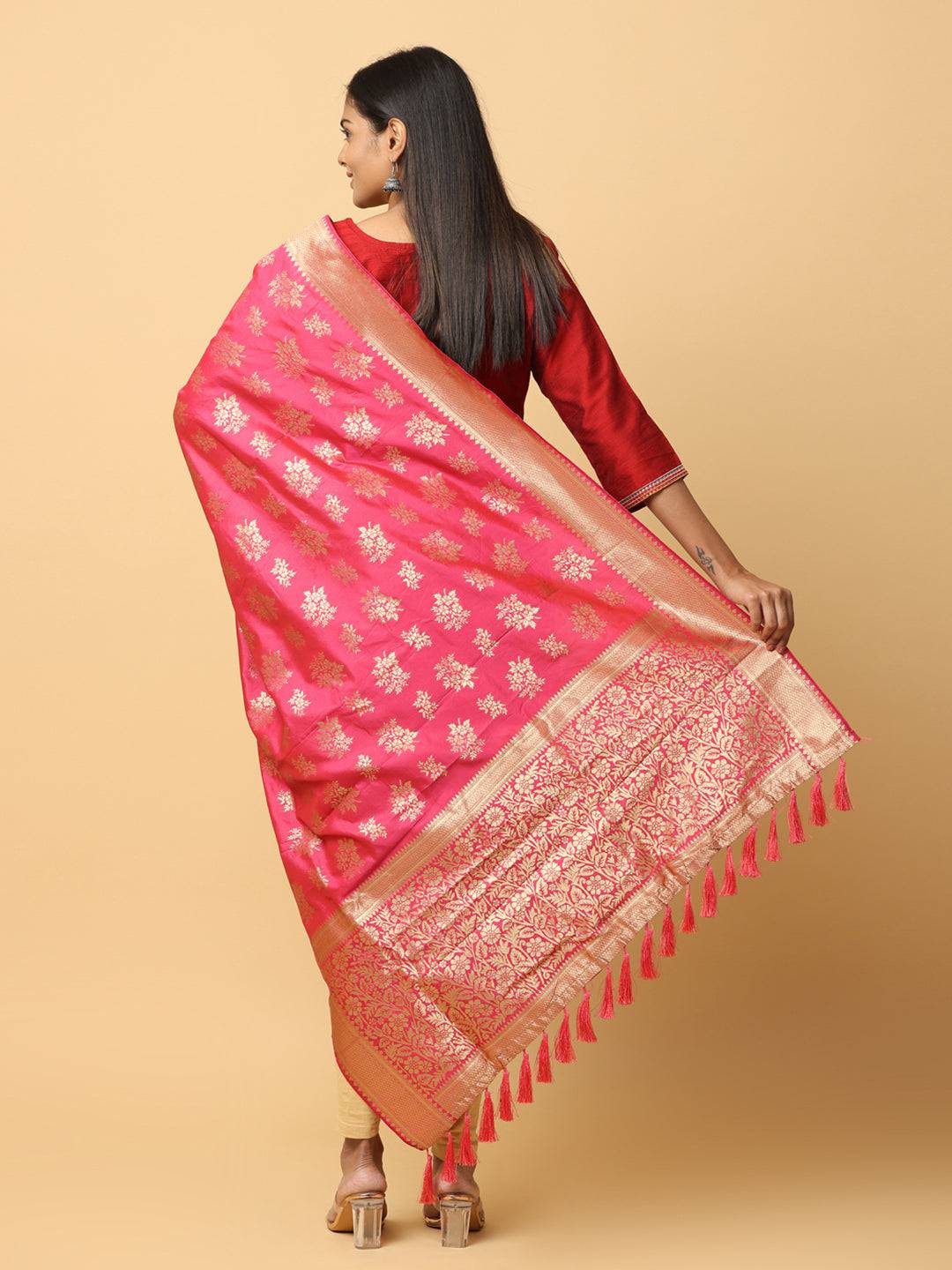 Woven Design Rani Silk Blend Dupatta With Resham Tassels
