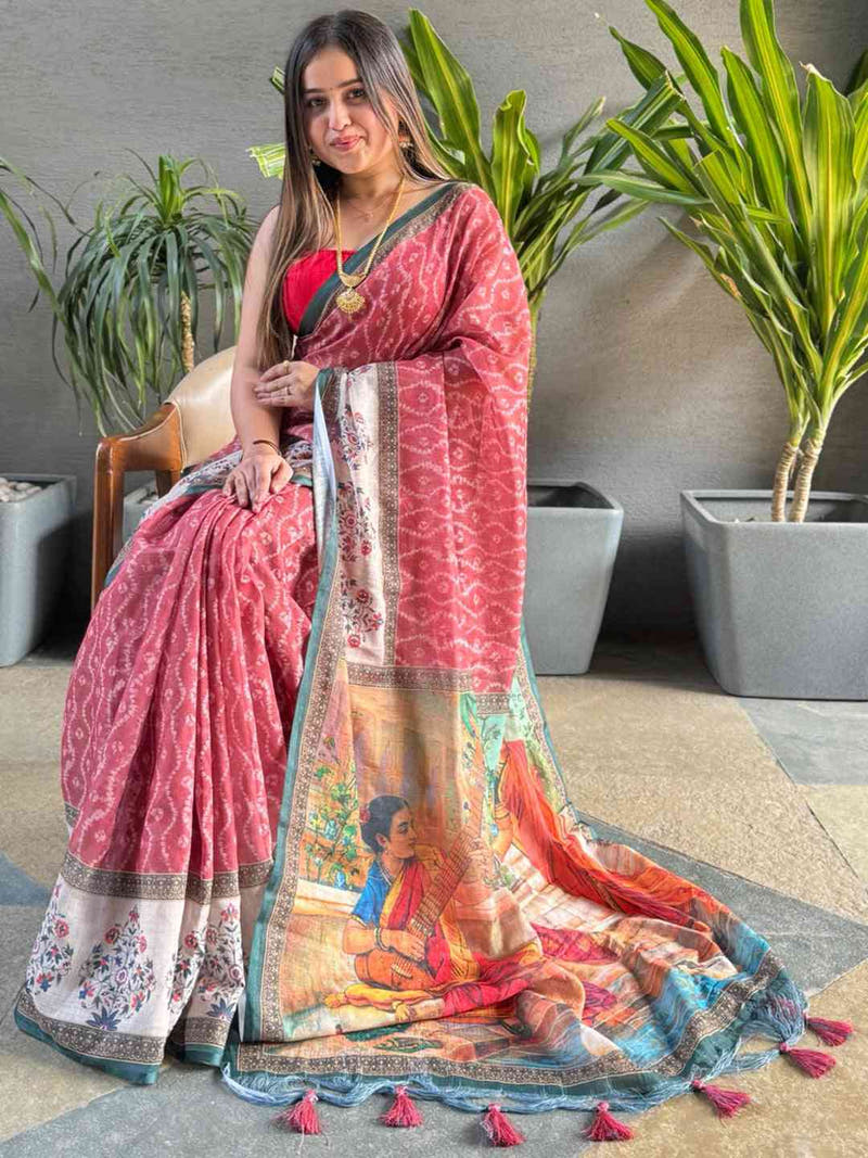 Gajari Colour Ikkat Print Saree With kalamkari Block Print Design
