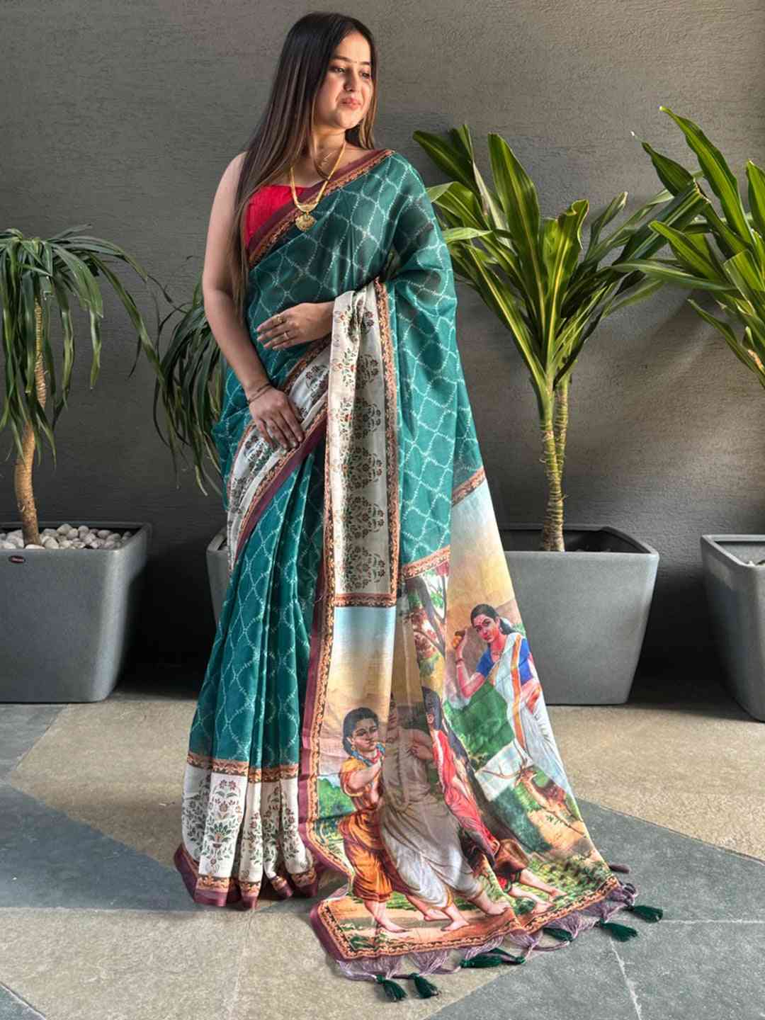 Teal Colour Ikkat Print Saree With kalamkari Block Print Design