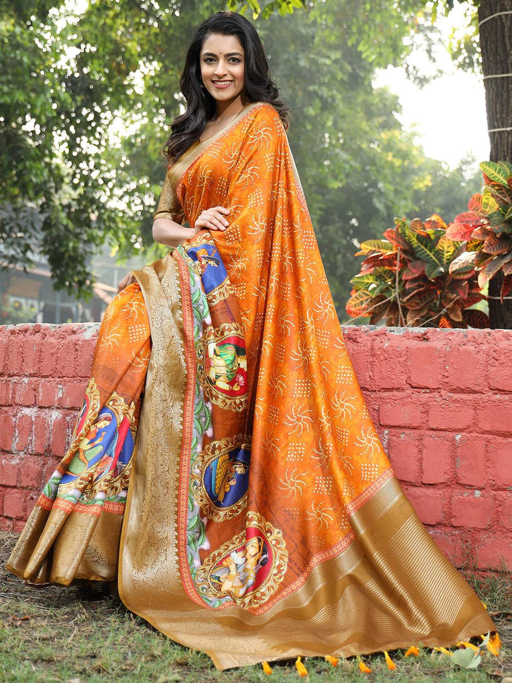 Orange Pure Viscose Dola Silk Saree with Mughal Print Border - Luxe