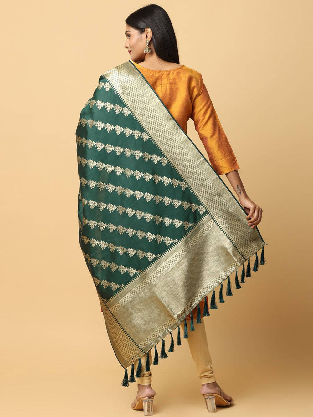 Bottle Green Colour Woven Design Dupatta