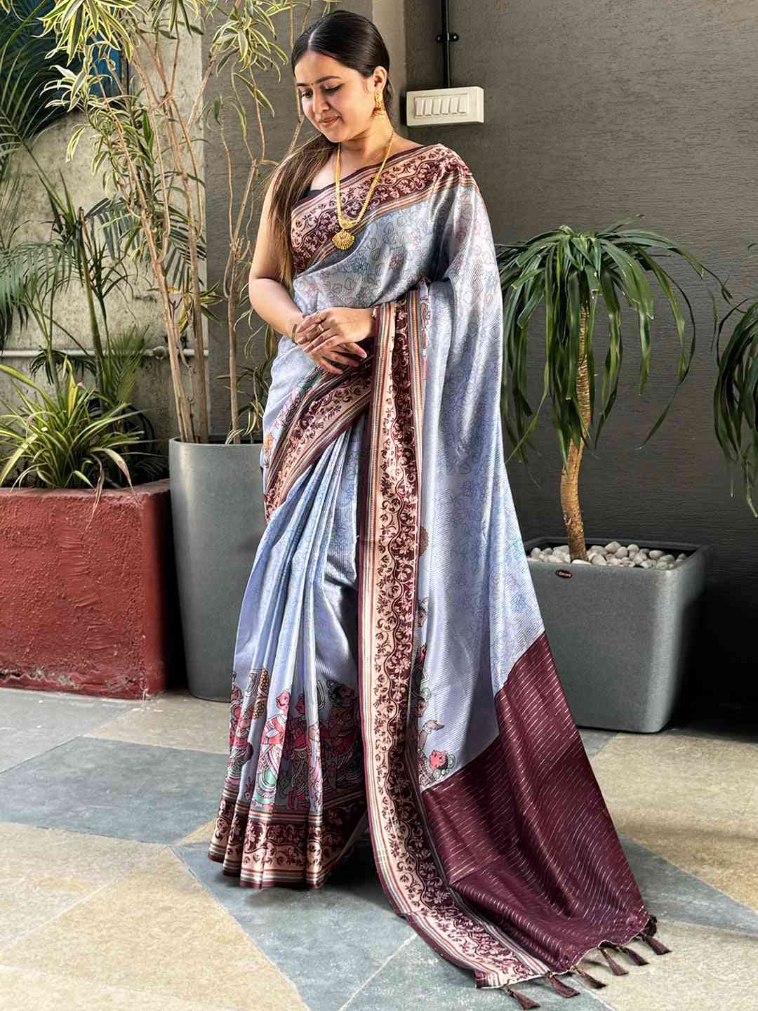 Silver Colour Satin Kota Doria Digital Kalamkari Zari Pallu
