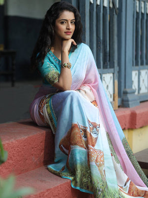Satin Georgette Multi Colour Hand Print Saree - Luxe