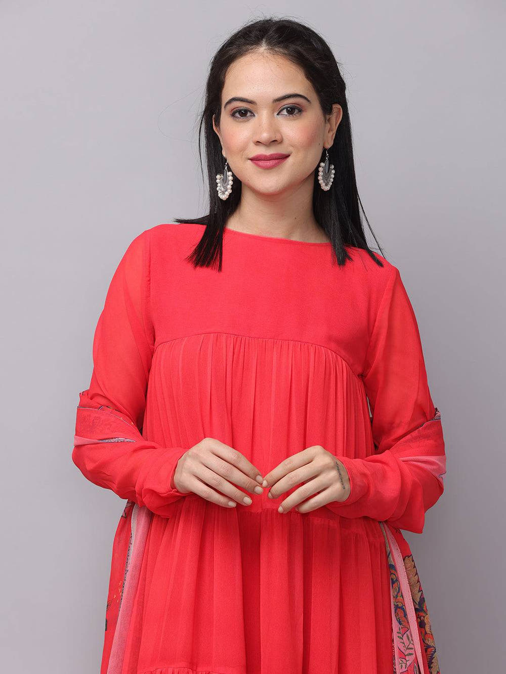 Fiery Red Churidar Sleeves Dress