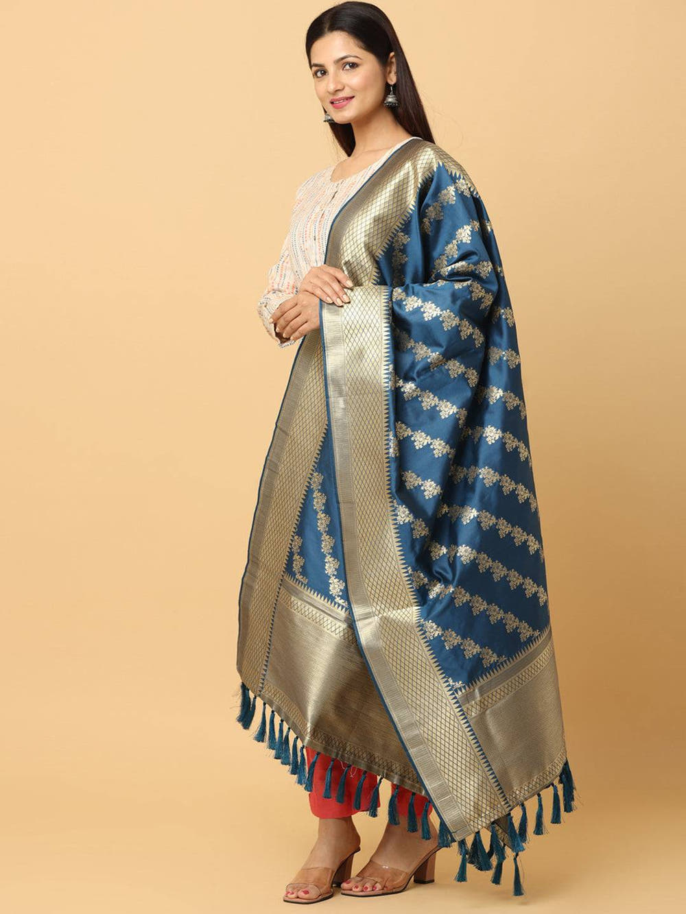 Teal Colour Woven Design Dupatta