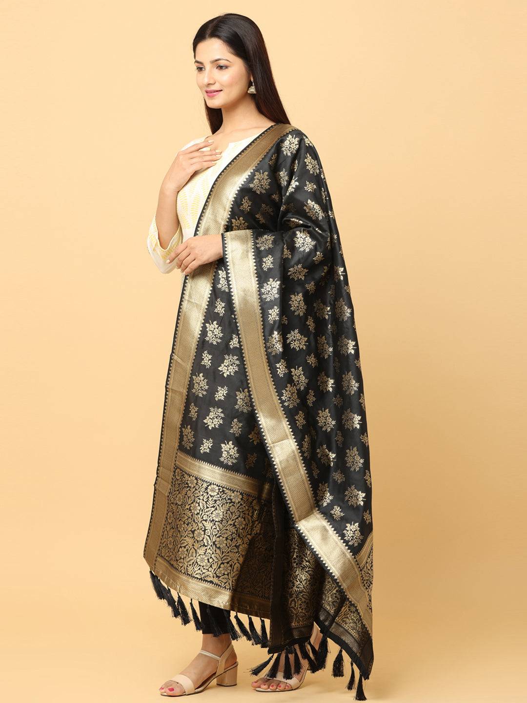 Woven Design Black Silk Blend Dupatta With Resham Tassels