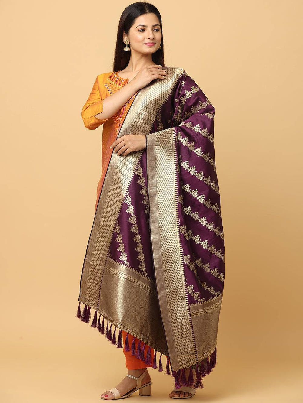 Wine Colour Woven Design Dupatta