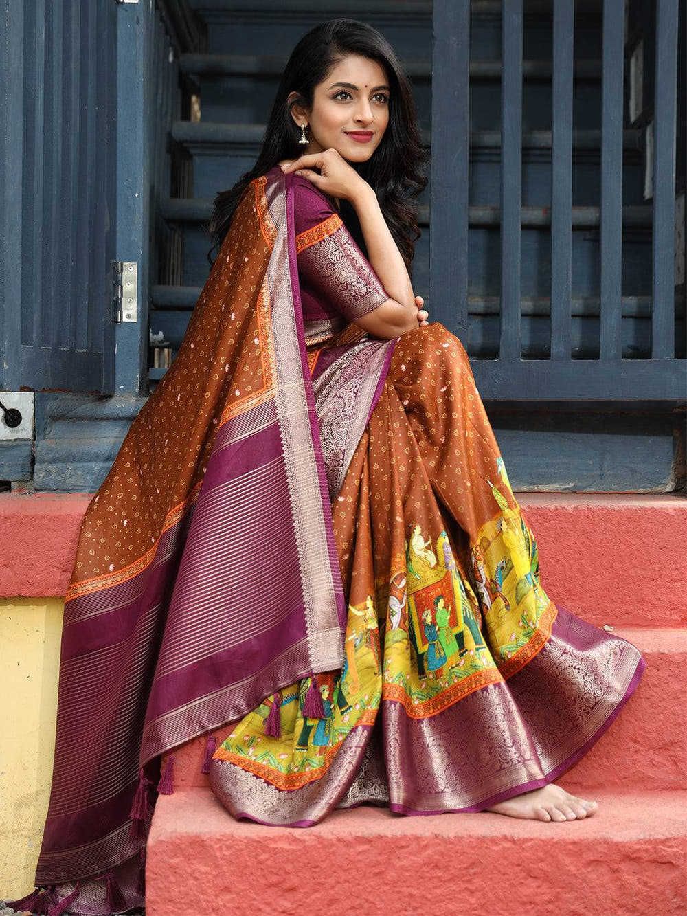 Brown Pure Viscose Dola Silk Saree with Exquisite Bhandhej Print - Luxe