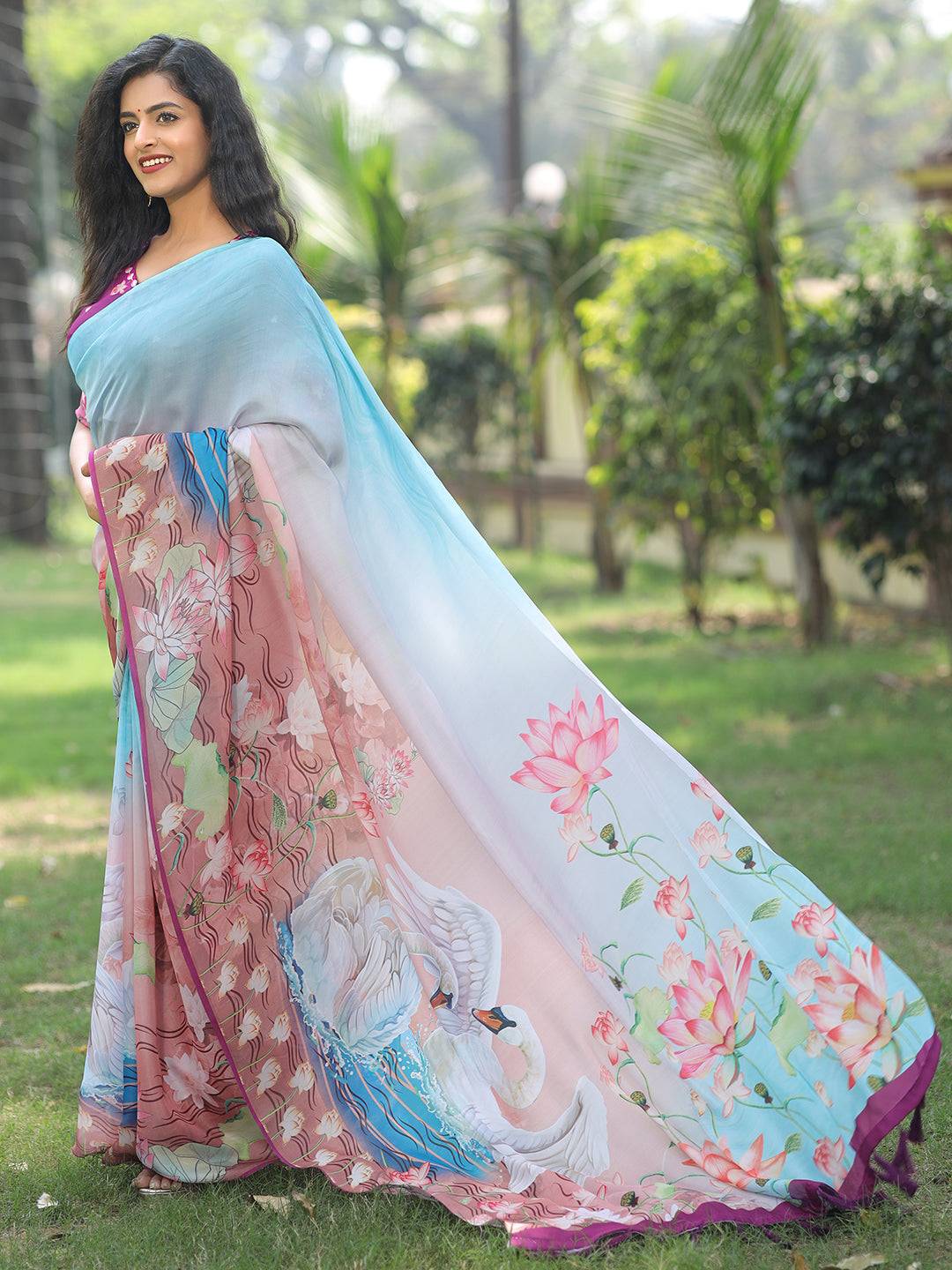 Satin Georgette Sky Blue Colour Hand Print Saree - Luxe