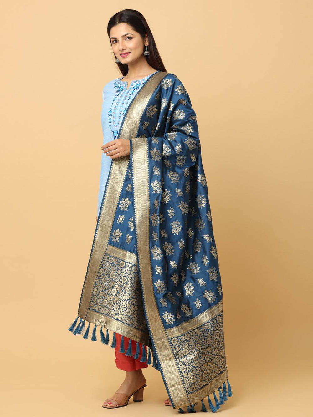 Woven Design Teal Silk Blend Dupatta With Resham Tassels