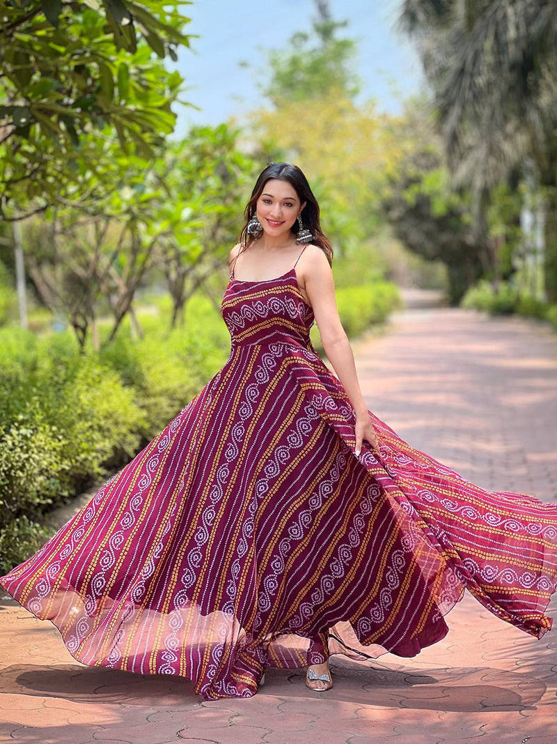 Wine Bandhej Printed Dress