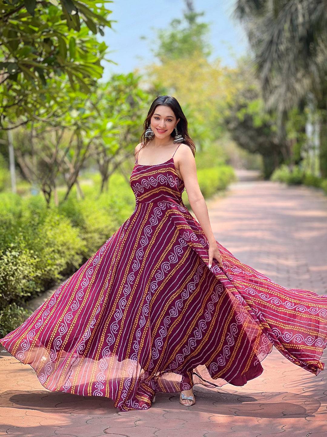Wine Bandhej Printed Dress
