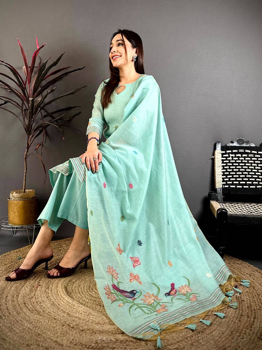 Mint  Green  Woven  Floral  Dress