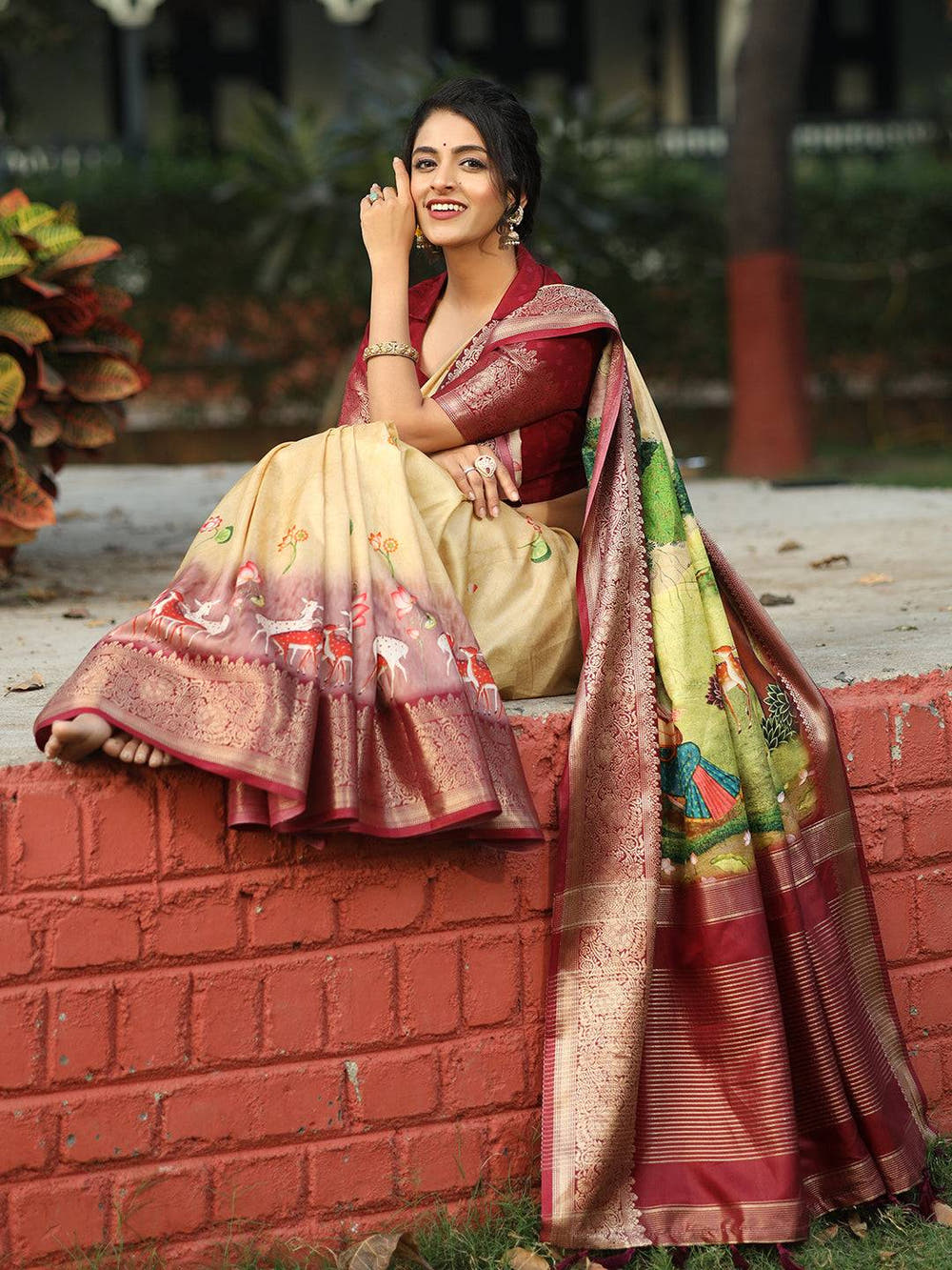 Pichwai Print Zari Weaving Pallu Saree In Yellow Colour - Luxe